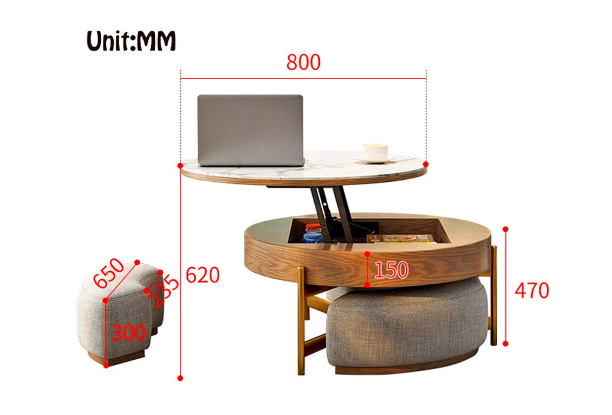 Amazing Rising Coffee Table Has 3 Integrated Ottomans That Hide Underneath It - Creative Round Coffee Table and Liftable Desk 3 stools underneath table