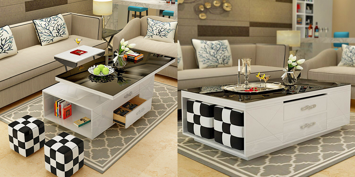 This Amazing Rising Coffee Table Has 3 Integrated Ottomans That Hide Underneath It