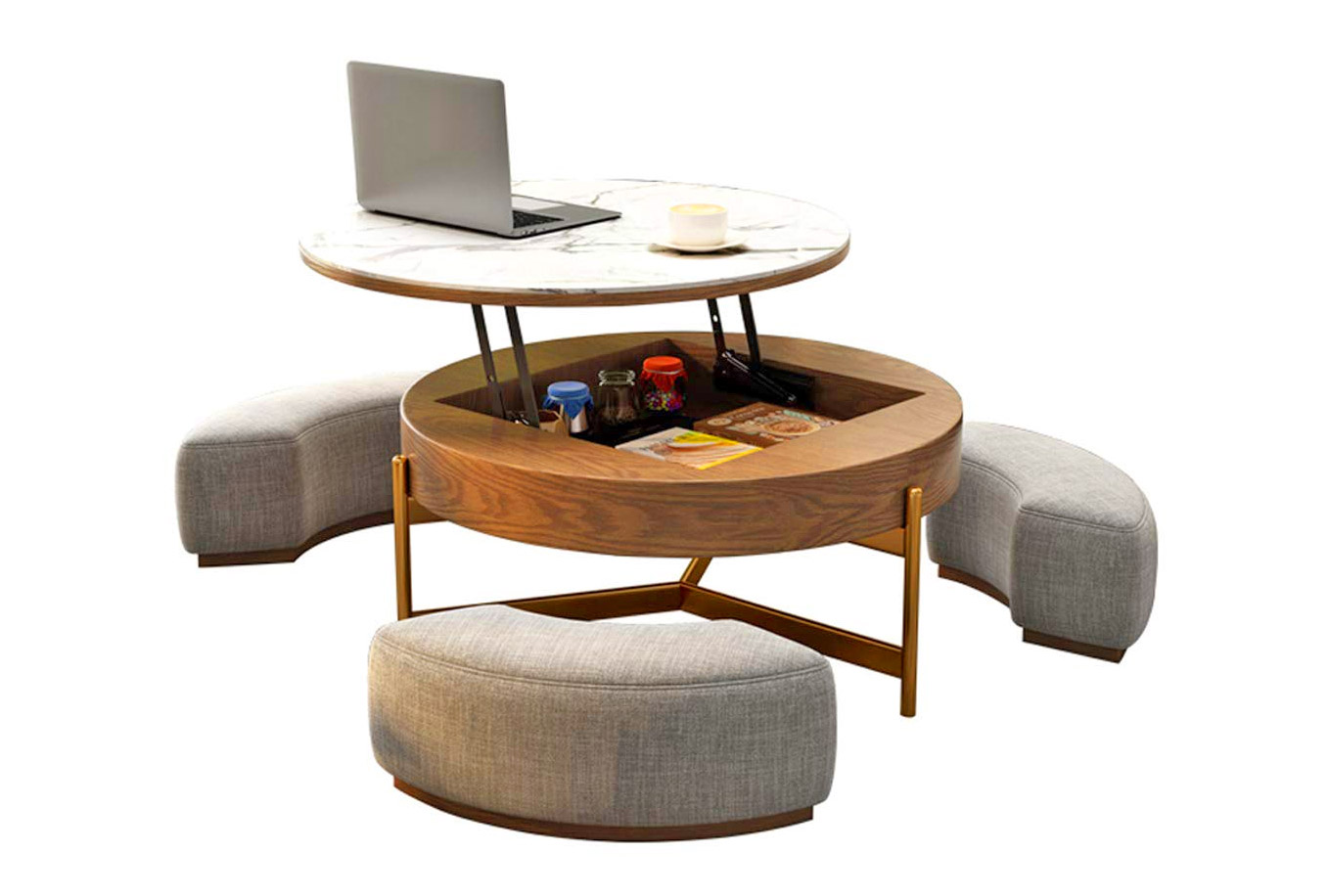 Amazing Rising Coffee Table Has 3 Integrated Ottomans That Hide Underneath It - Creative Round Coffee Table and Liftable Desk 3 stools underneath table