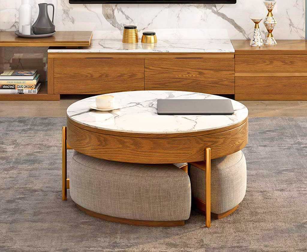 This Amazing Rising Coffee Table Has 3 Integrated Ottomans That