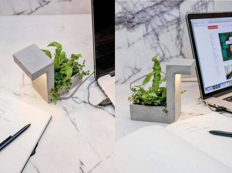 Concrete Desk Planter Doubles as a USB Lamp - Classy concrete desk lamp and plant holder
