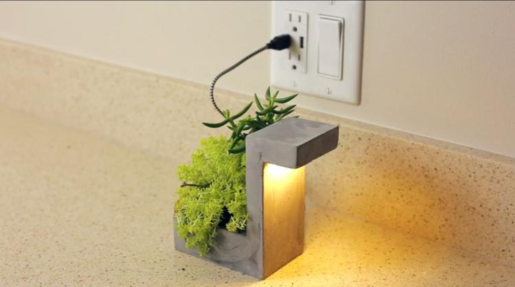 Concrete Desk Planter Doubles as a USB Lamp - Classy concrete desk lamp and plant holder