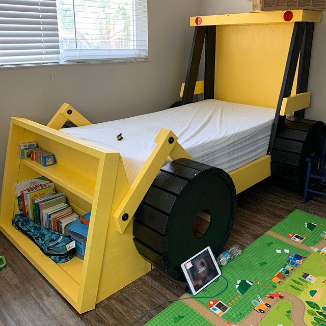 kids bed with bookshelf