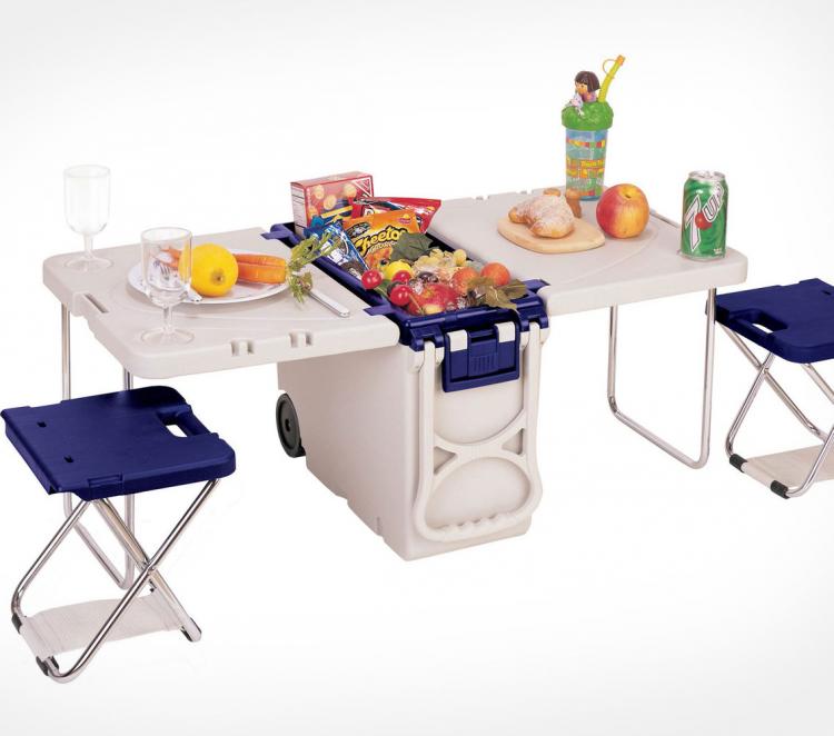 cooler with fold out table and chairs