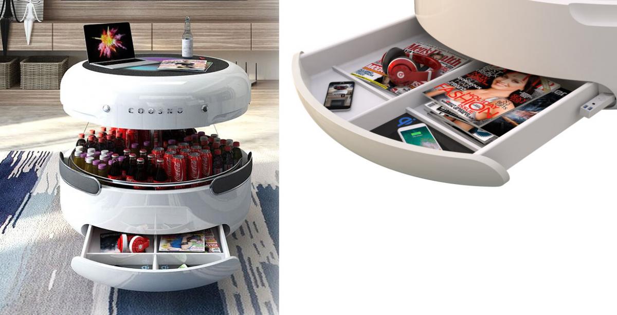 Coosno Ultimate Smart Coffee Table Fridge - Voice activated futuristic coffee table doubles as refrigerator