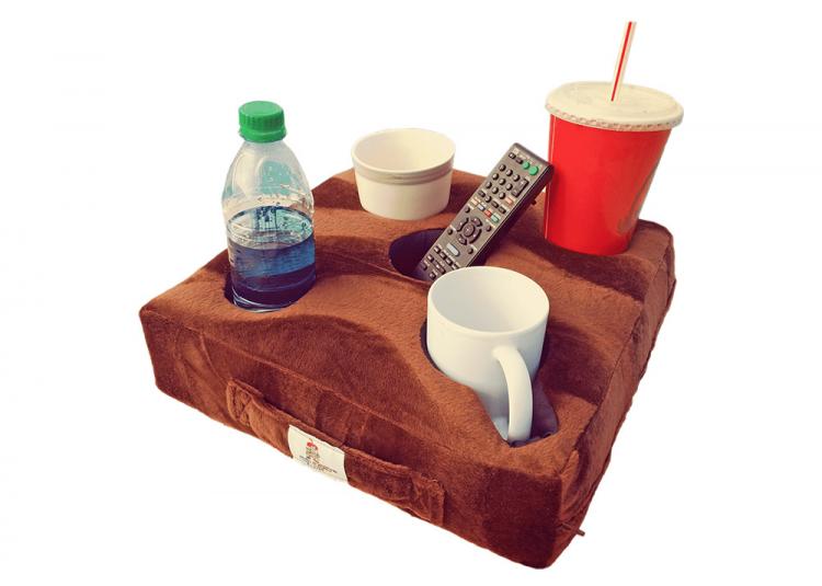 Cup Cozy Pillow - Flat foam pillow securely holds drinks and snacks on your couch - Couch drink holder