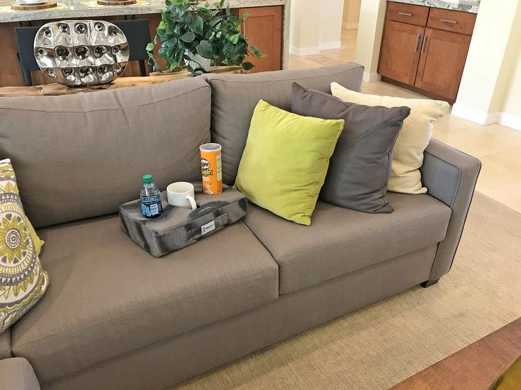 Cup Cozy Pillow - Flat foam pillow securely holds drinks and snacks on your couch - Couch drink holder