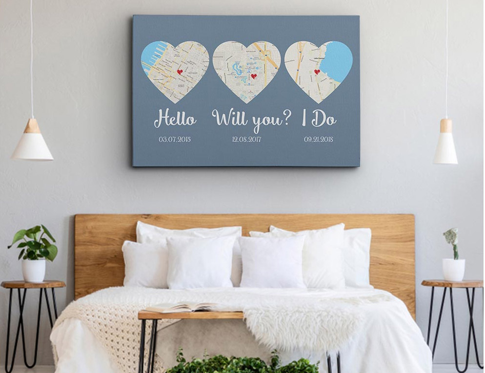 Custom Heart Shaped Map Prints Let You Track How Your Relationship - hello, will you, i do custom canvas anniversary gift prints