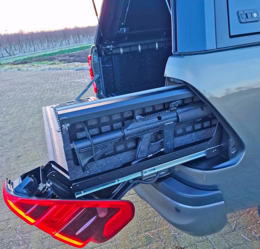 Custom pullout taillight storage drawers for drinks and guns