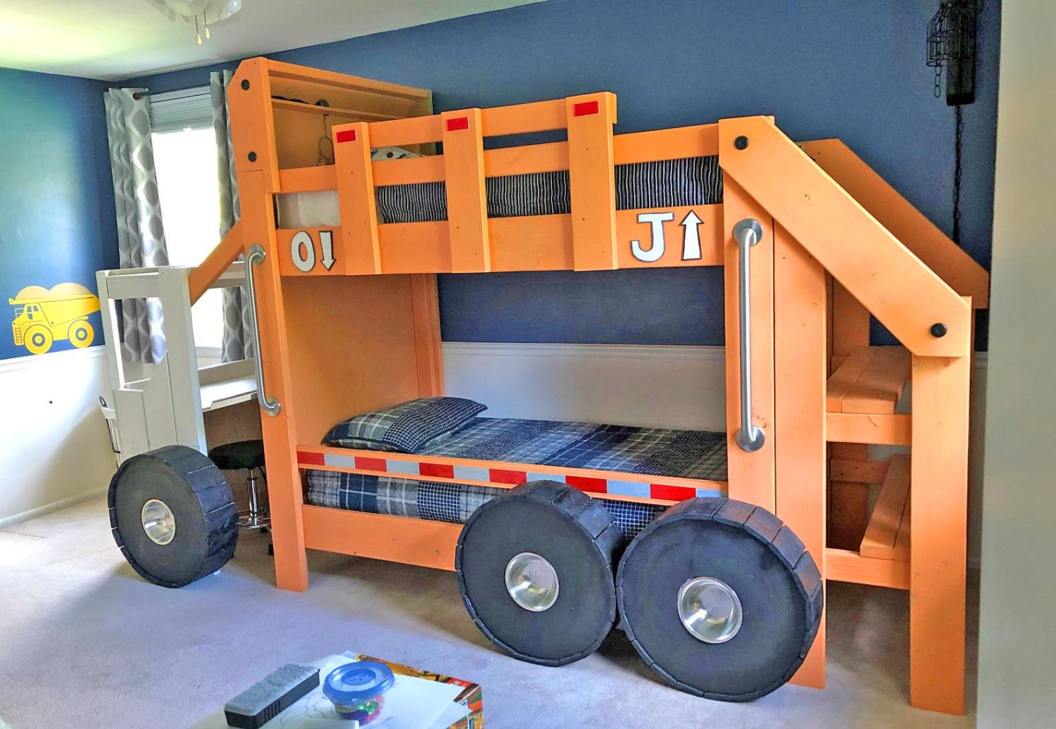 DIY Garbage Truck Bunk Bed - Garbage truck kids bed with desk and bookshelf