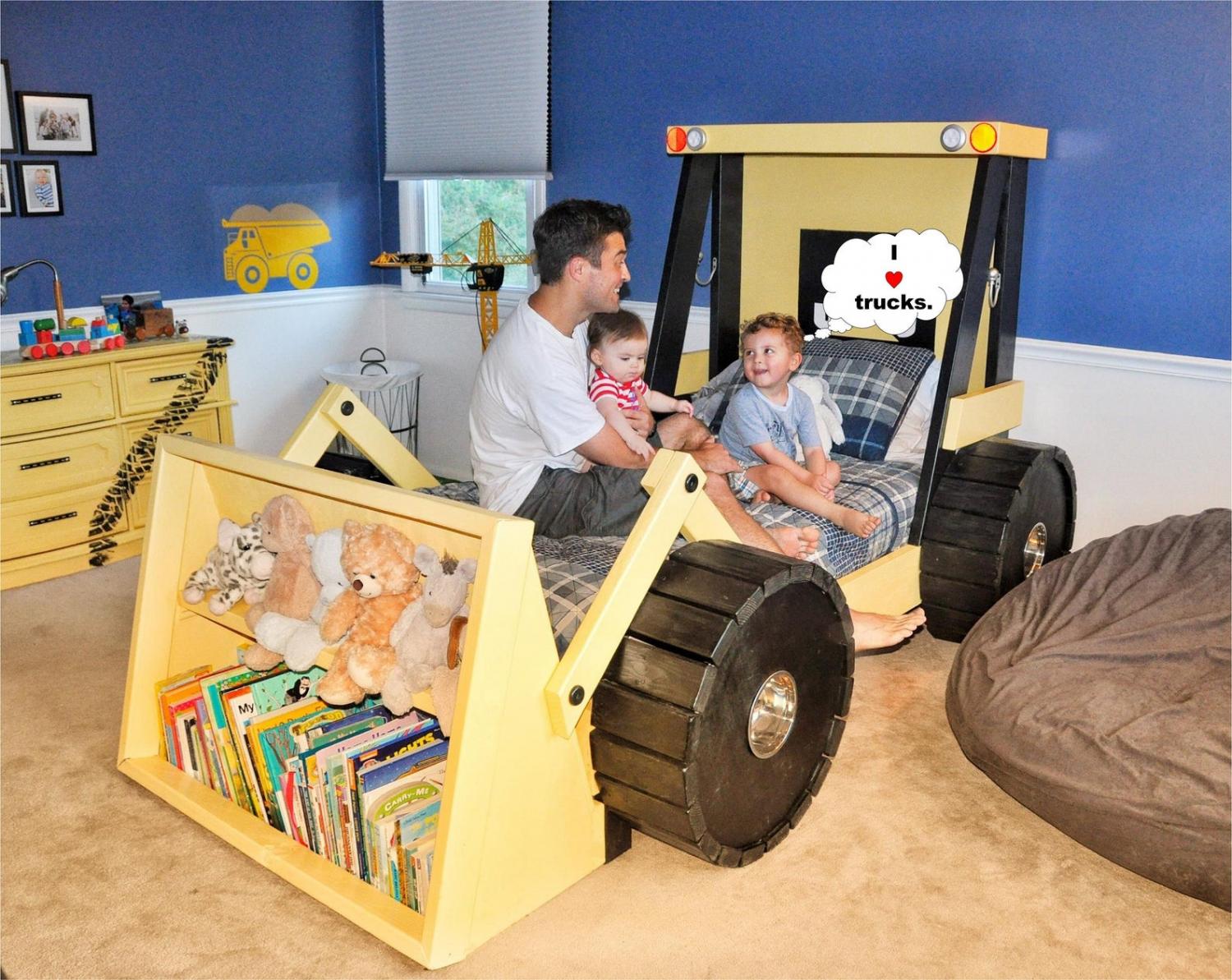 DIY Construction Truck Bed - Construction truck kids bed with bookshelf in front bucket