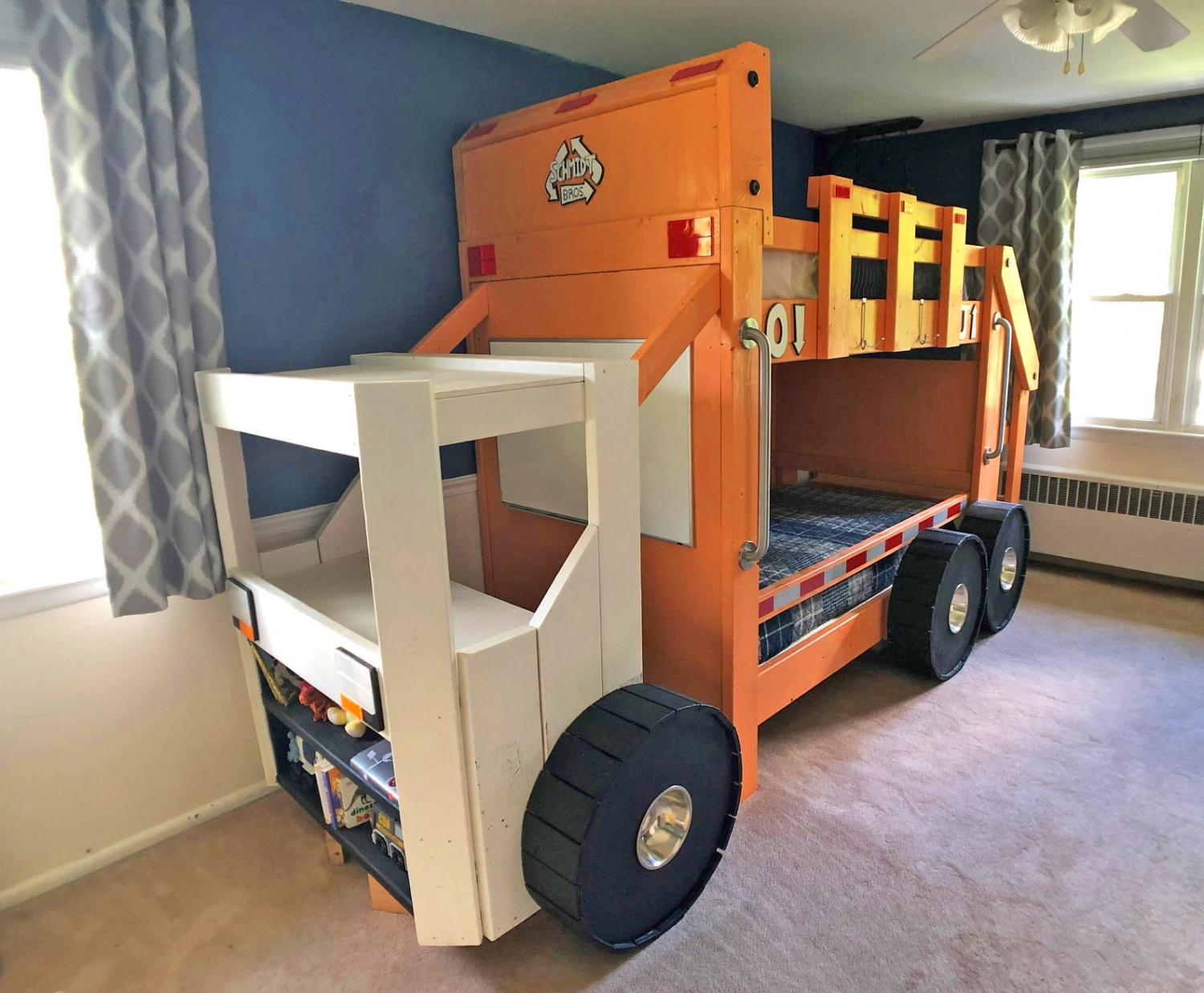 DIY Garbage Truck Bunk Bed - Garbage truck kids bed with desk and bookshelf