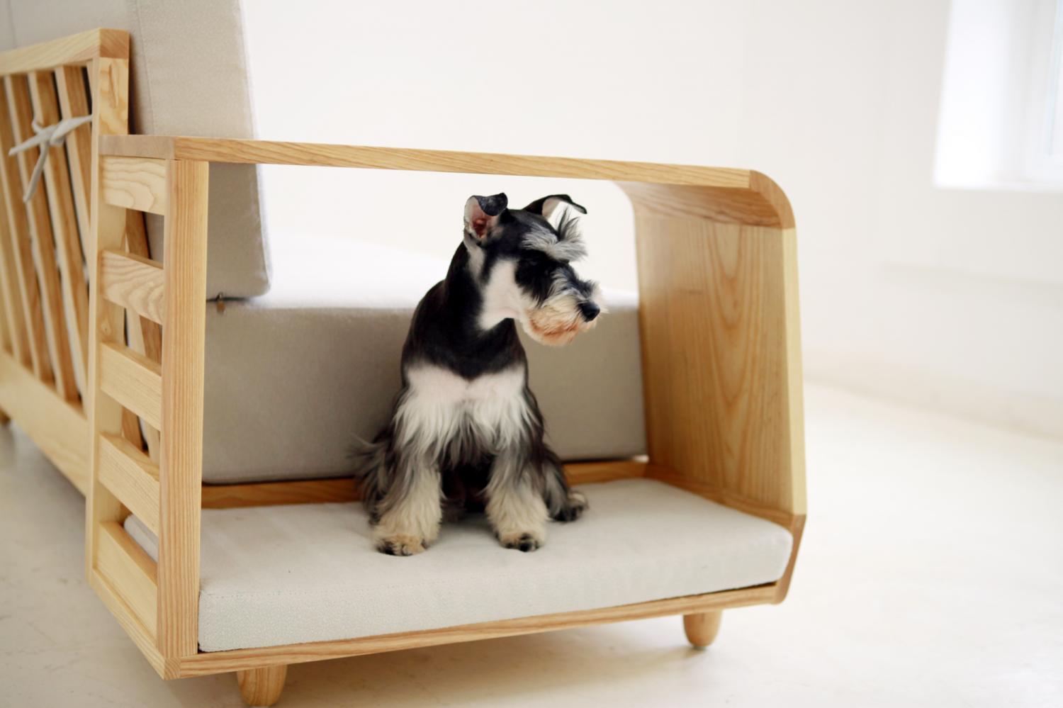 Dog House Sofa Has an Integrated Dog Bed In The Armrest - Dog bed in couch sofa wooden armrest