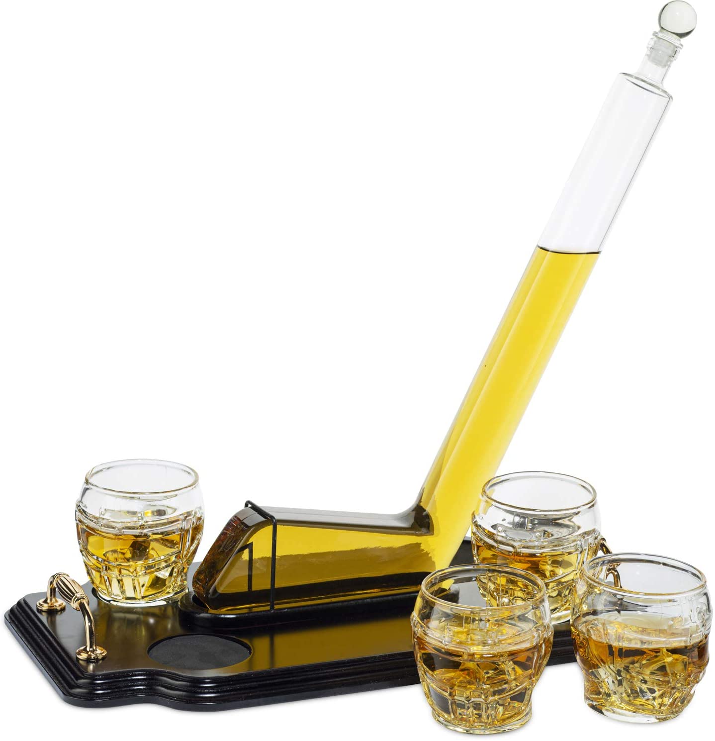 A golf putter decanter and golfing themed drinking glasses set