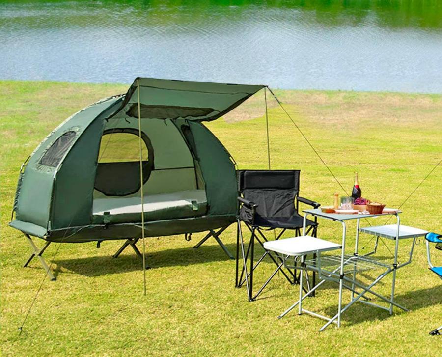 Double camping bed outlet on legs