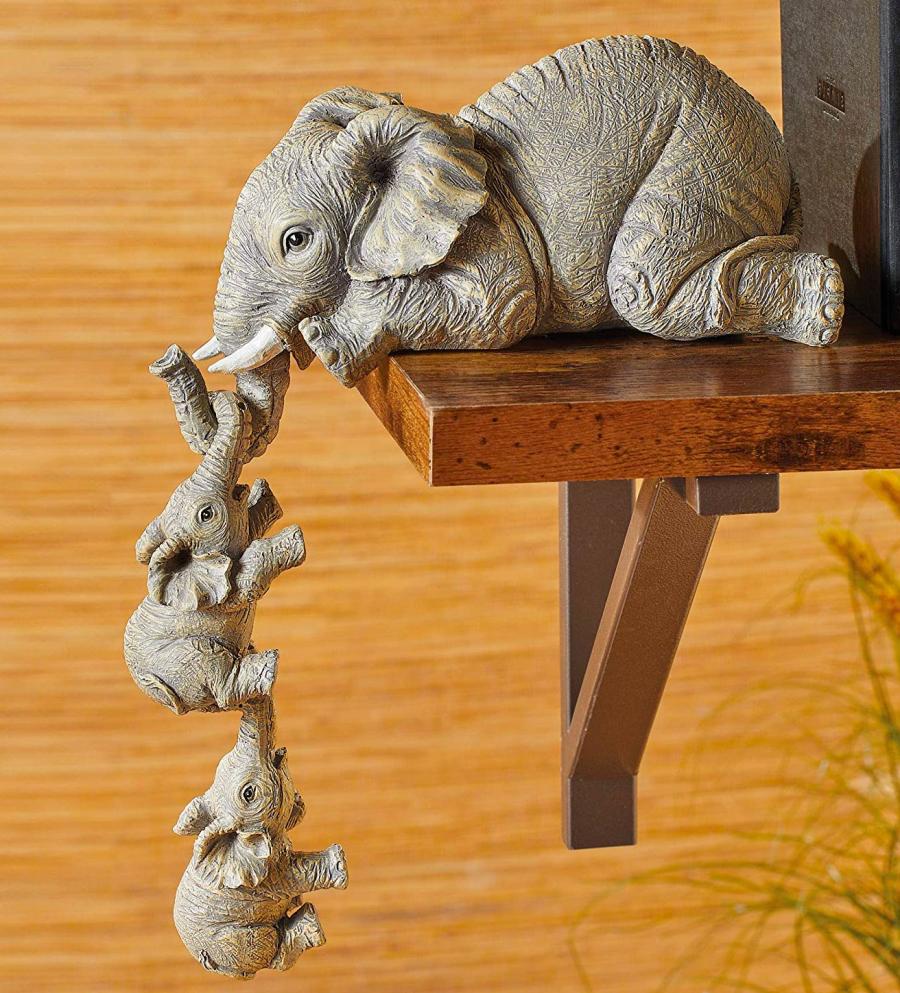 Hanging Mother Elephant with hanging baby elephants bookend statue