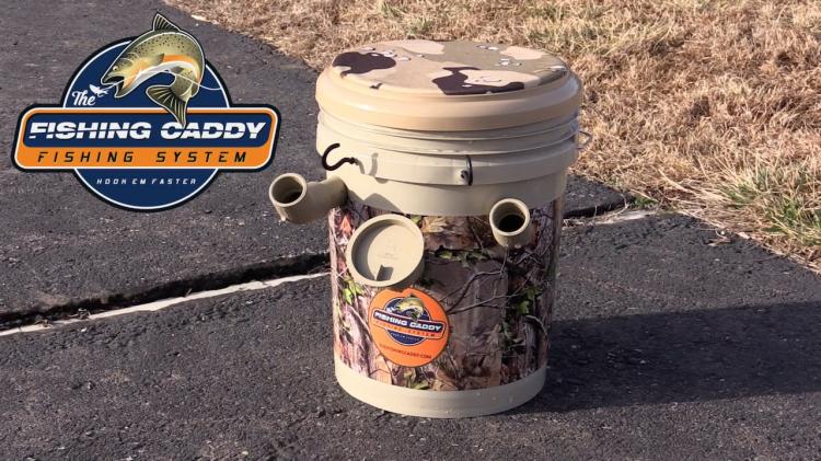 Fishing Caddy bucket combines a seat, tackle-box, and pole holder - Fishing bucket