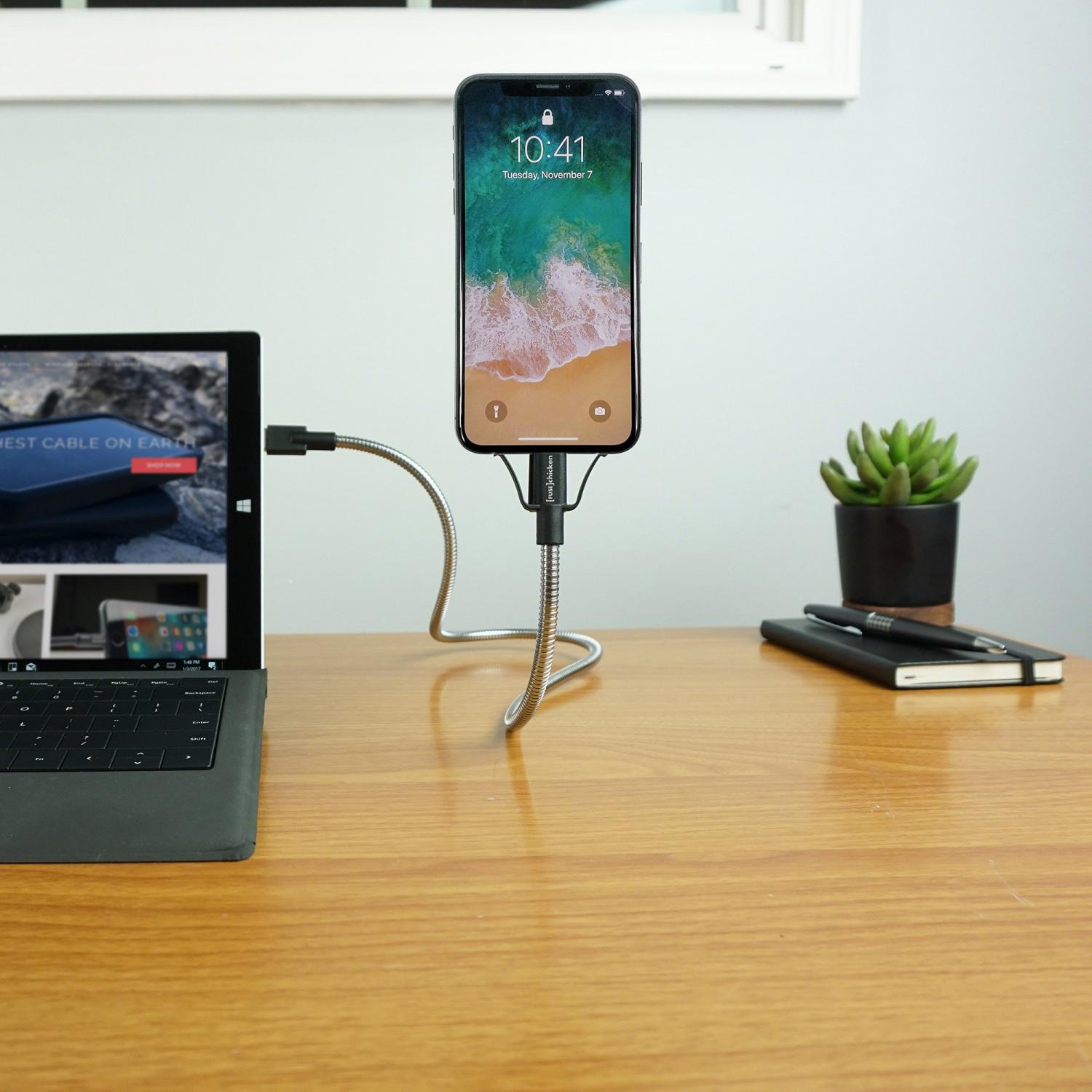 Flexible iPhone Stand and Charger - Rugged Stainless steel charging cable doubles as a phone mount