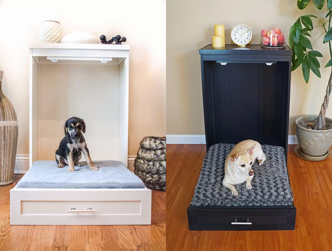 dog bed in cabinet