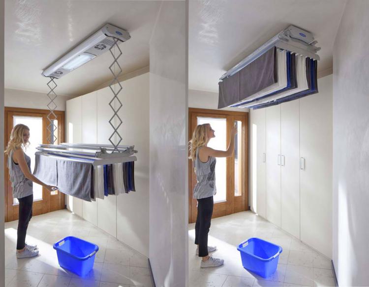 The Foxydry Electric Clothesline Automatically Raises Up To Ceiling To Save  On Space