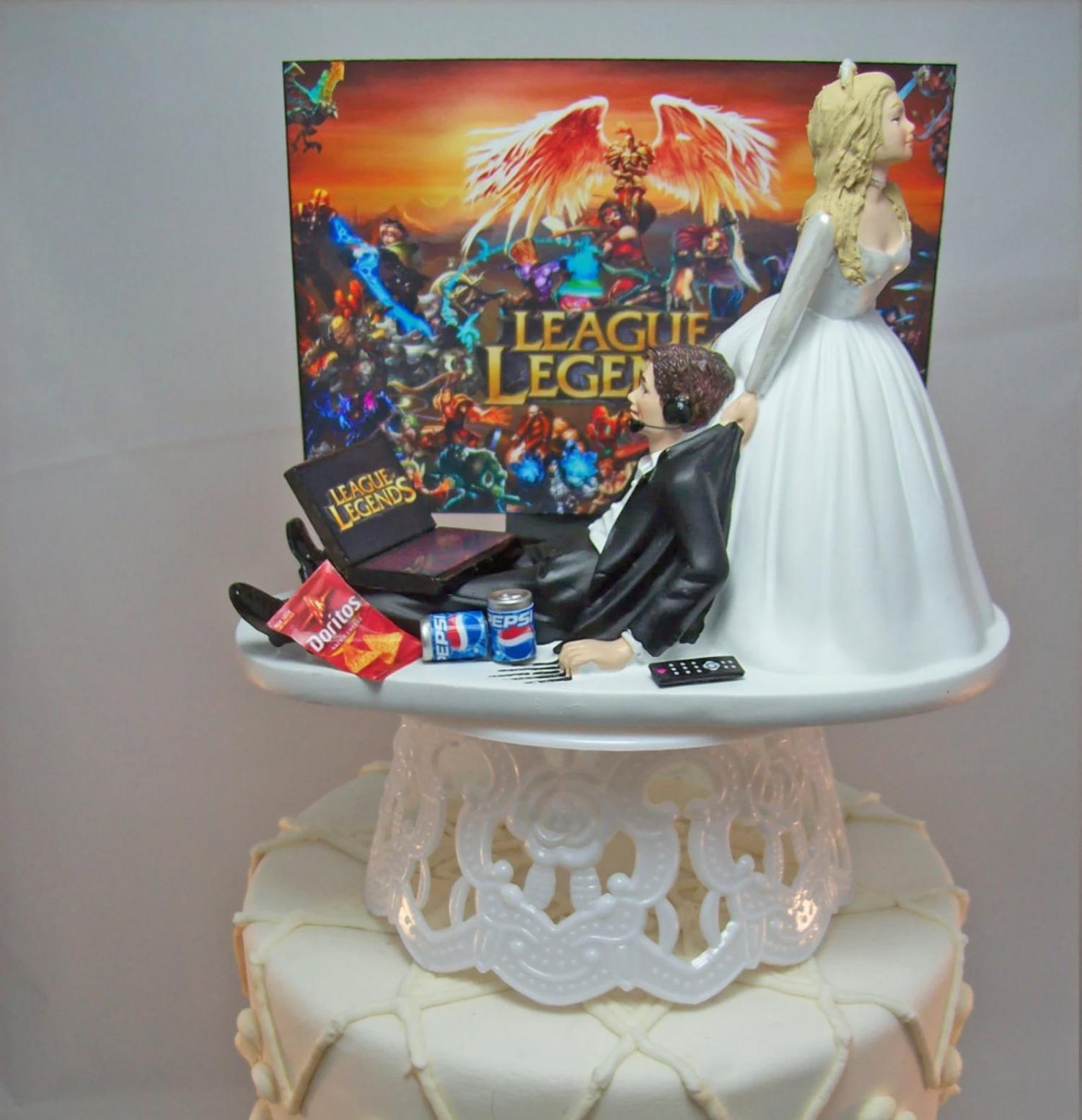 Gamer Wedding Cake Topper - Bride dragging groom away from games cake topper