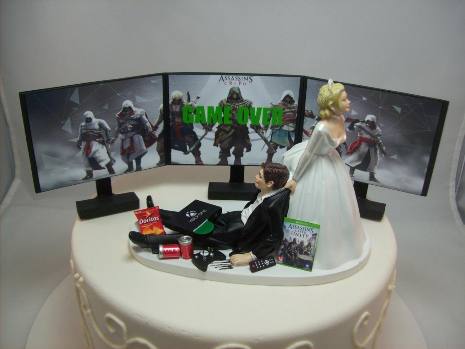 Gamer Wedding Cake Topper - Bride dragging groom away from games cake topper