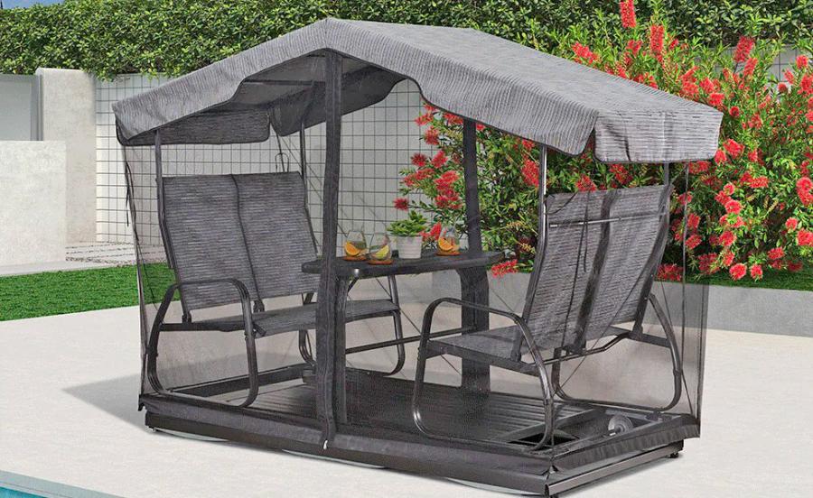 Glider Double Chairs With Table - Double bench and table swinging gazebo set