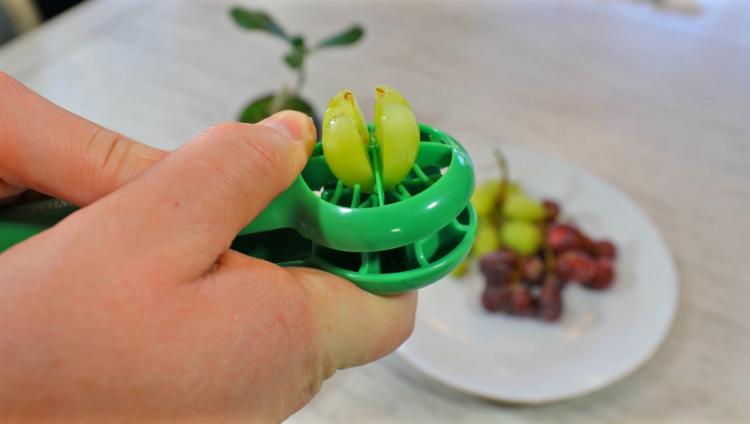 Cutting grapes in quarters, the EASY way with this grape cutter. Pop the  grape in, push and that's it! You have quartered grapes in just seconds.  🙌🏻