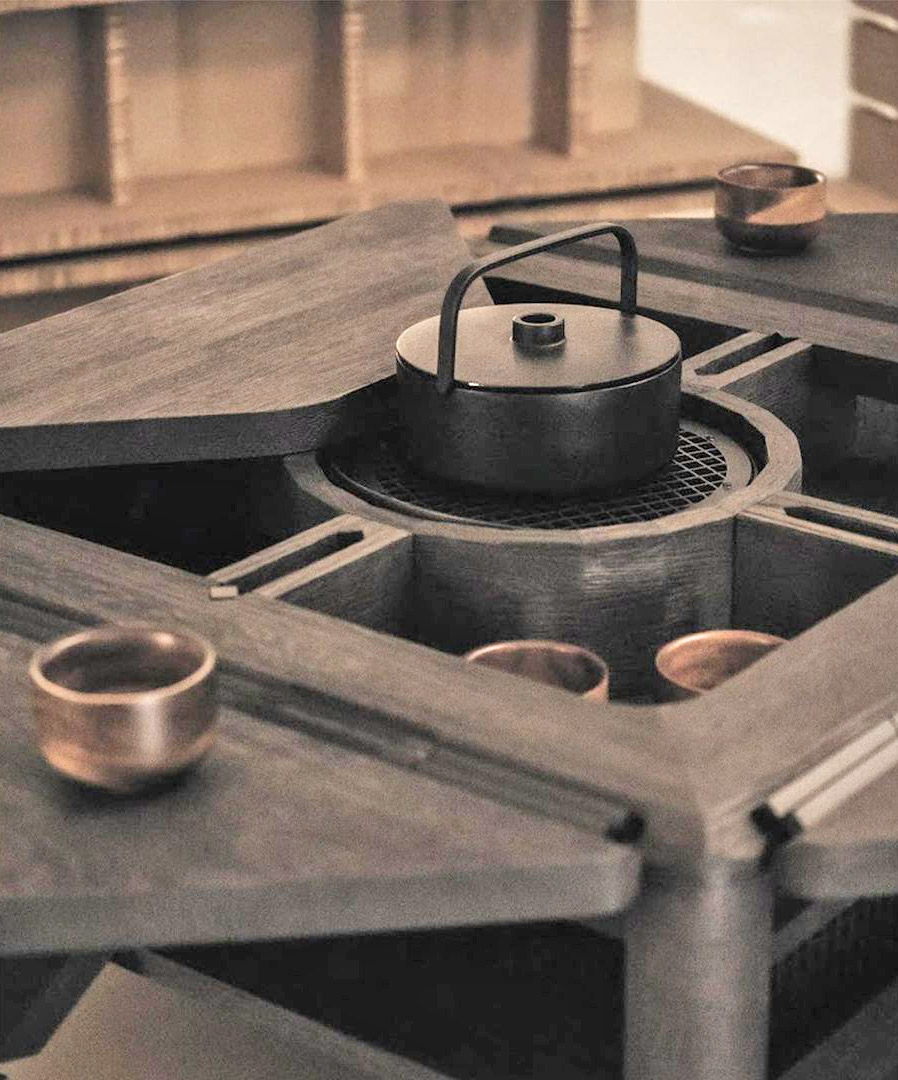 Hasu Japanese-Inspired Tea Table With Hidden Chairs and an Extendable Tabletop