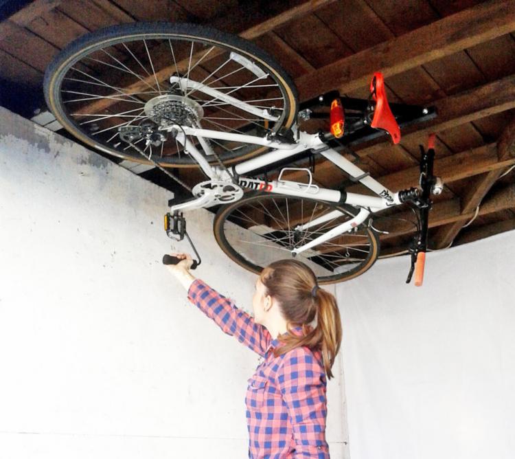 Hide-a-Ride Bicycling Ceiling Mount - Mount your bike on your ceiling sideways to save space in home