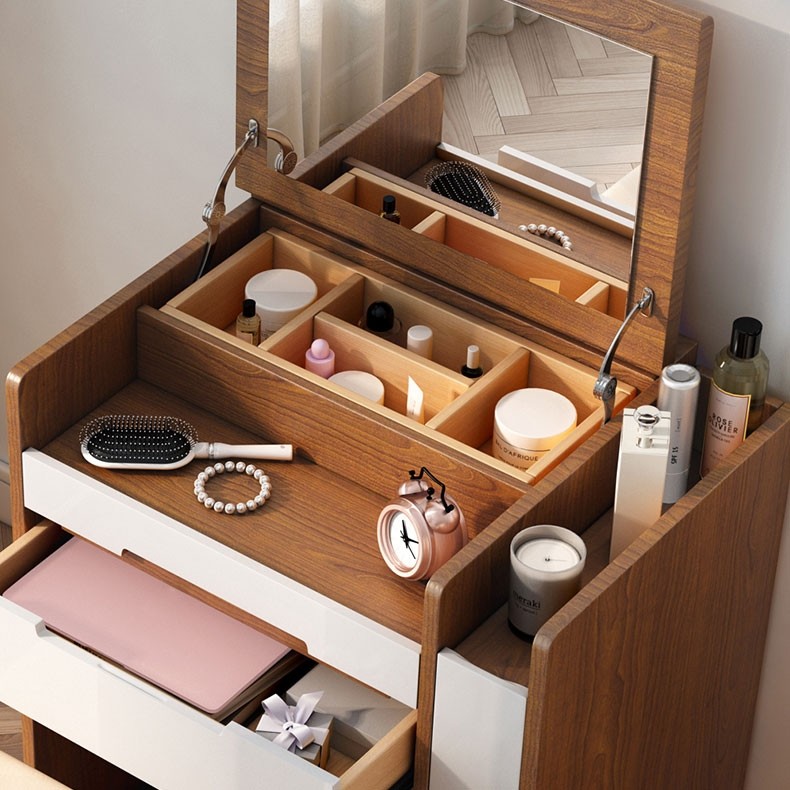 The Ultimate Hideaway Makeup Vanity - Wooden makeup vanity with hidden mirror, chair, and storage