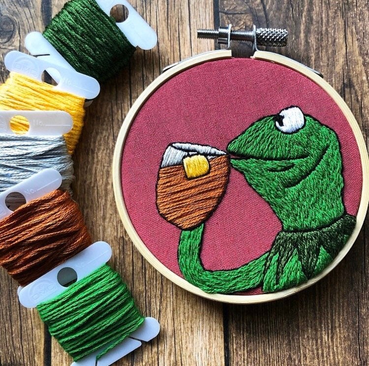 Sipping tea kermit meme Embroidery - Sipping tea kermit meme Cross Stitch