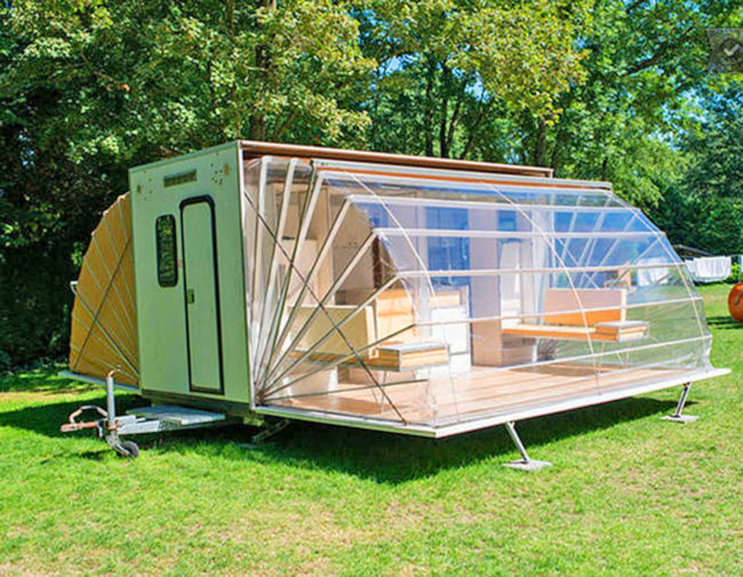 Folding Camping Trailer Expands To Triple Its Size With Fold-Out Awnings - De Markies Expanding Retro Trailer