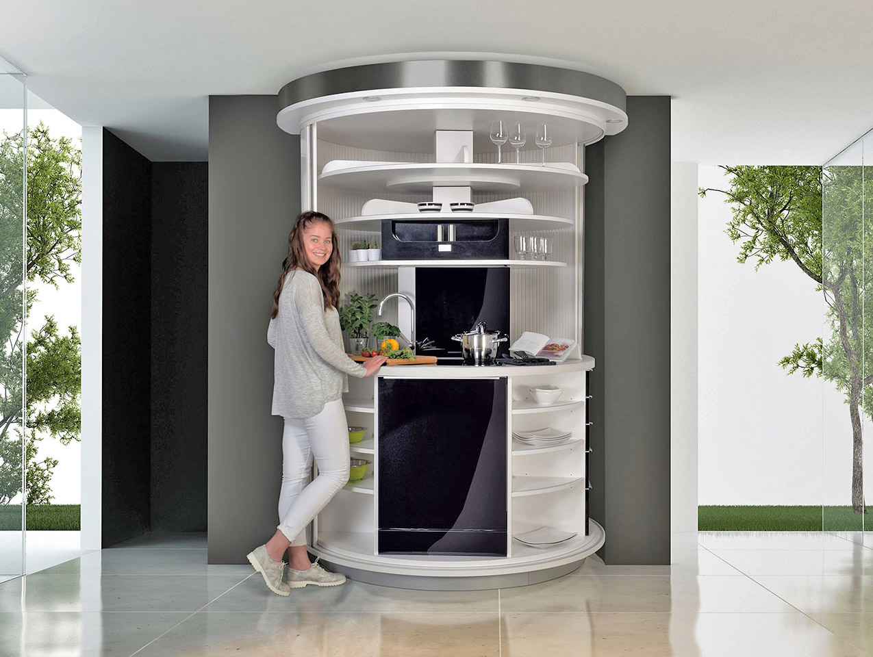 Rotating Circle Kitchen - Futuristic minimal design space-saving kitchen that spins