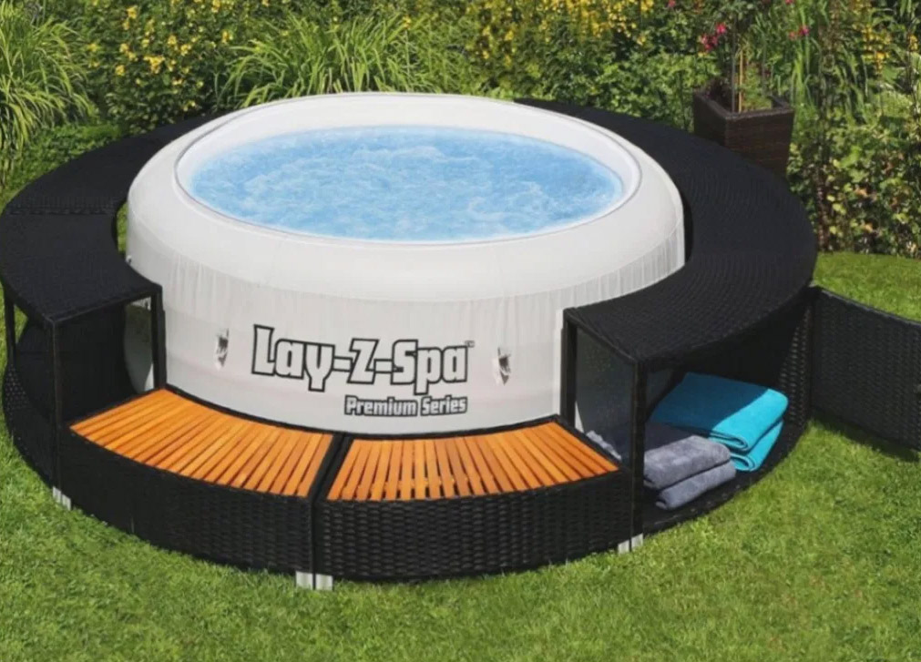 Inflatable Hot Tub Surround Structure - Spa Surround Poly Rattan Black - Modern Hot tub wrap with storage and easy entry