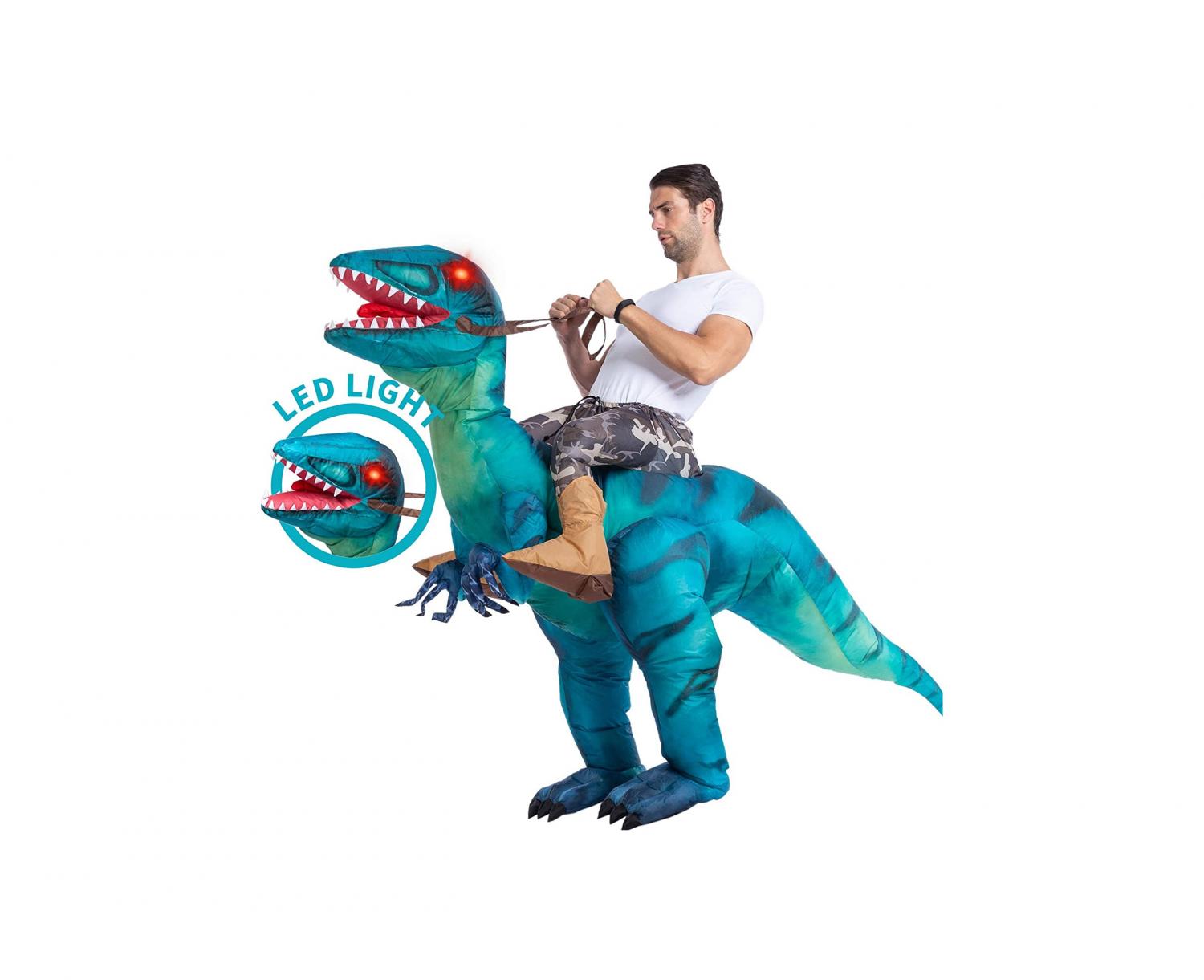 man riding dinosaur costume