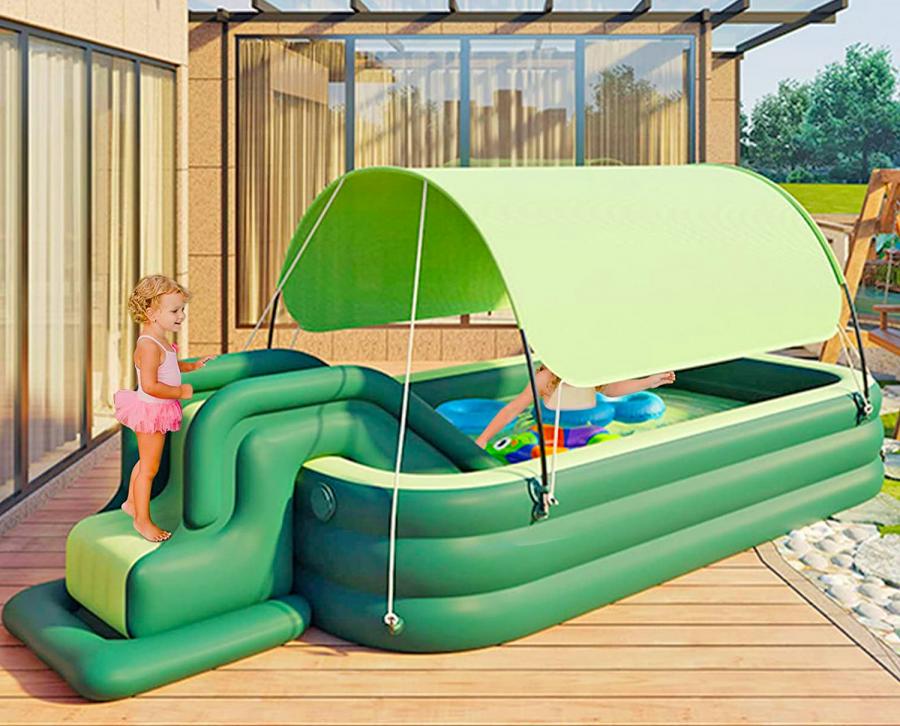 Inflatable Kids Pool With an Inflatable Slide Has Awning That Seals Pool At Night