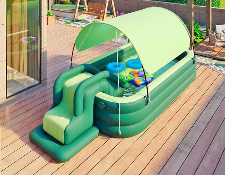 Inflatable Kids Pool With an Inflatable Slide Has Awning That Seals Pool At Night