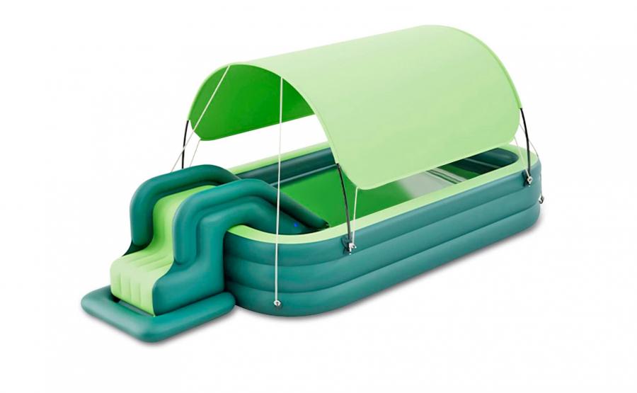 Inflatable Kids Pool With an Inflatable Slide Has Awning That Seals Pool At Night