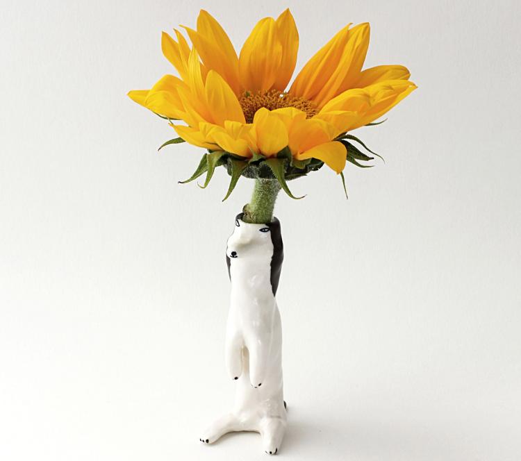 Flower Holding Dog Ceramic Decor