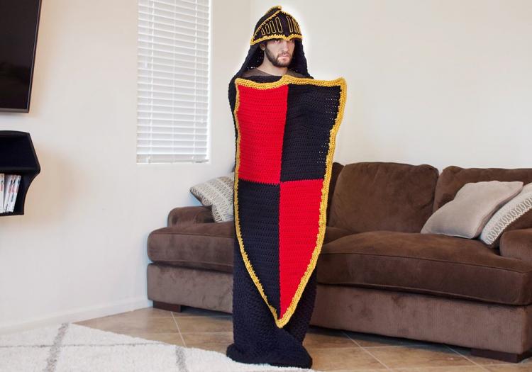 Medieval Knight Crochet Blanket - Hooded knight blanket with shield