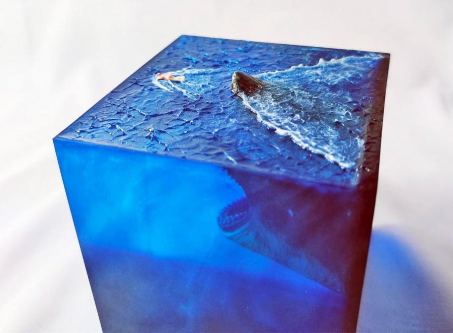 Cube Shaped Megalodon Shark Epoxy Night Light Lamp