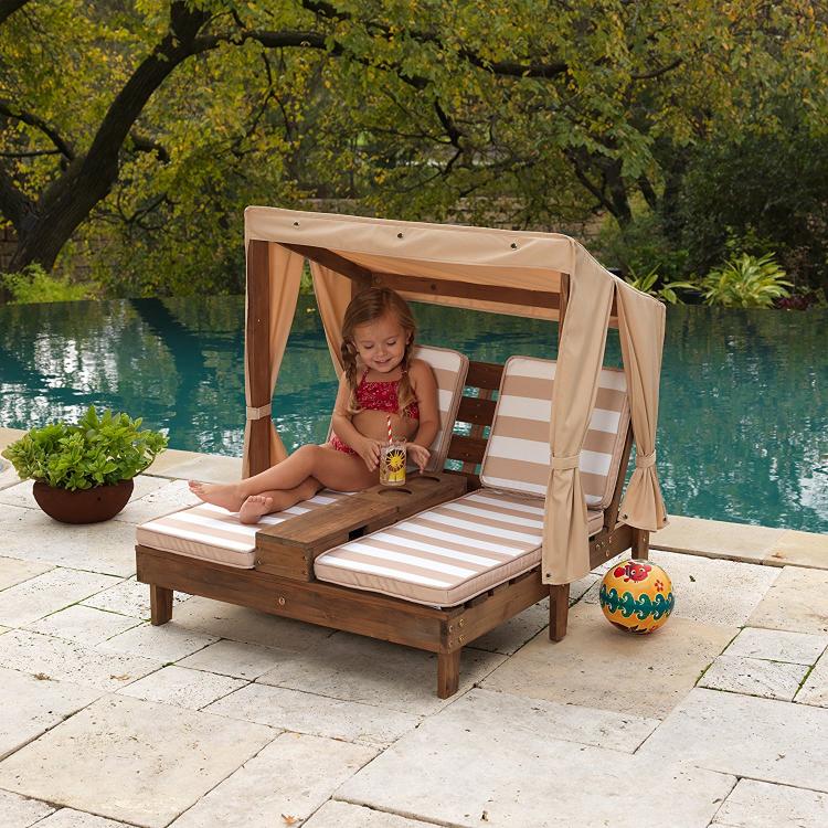 Mini Kids Outdoor patio furniture - Tiny kids pool furniture - Kids canopy double chaise lounge