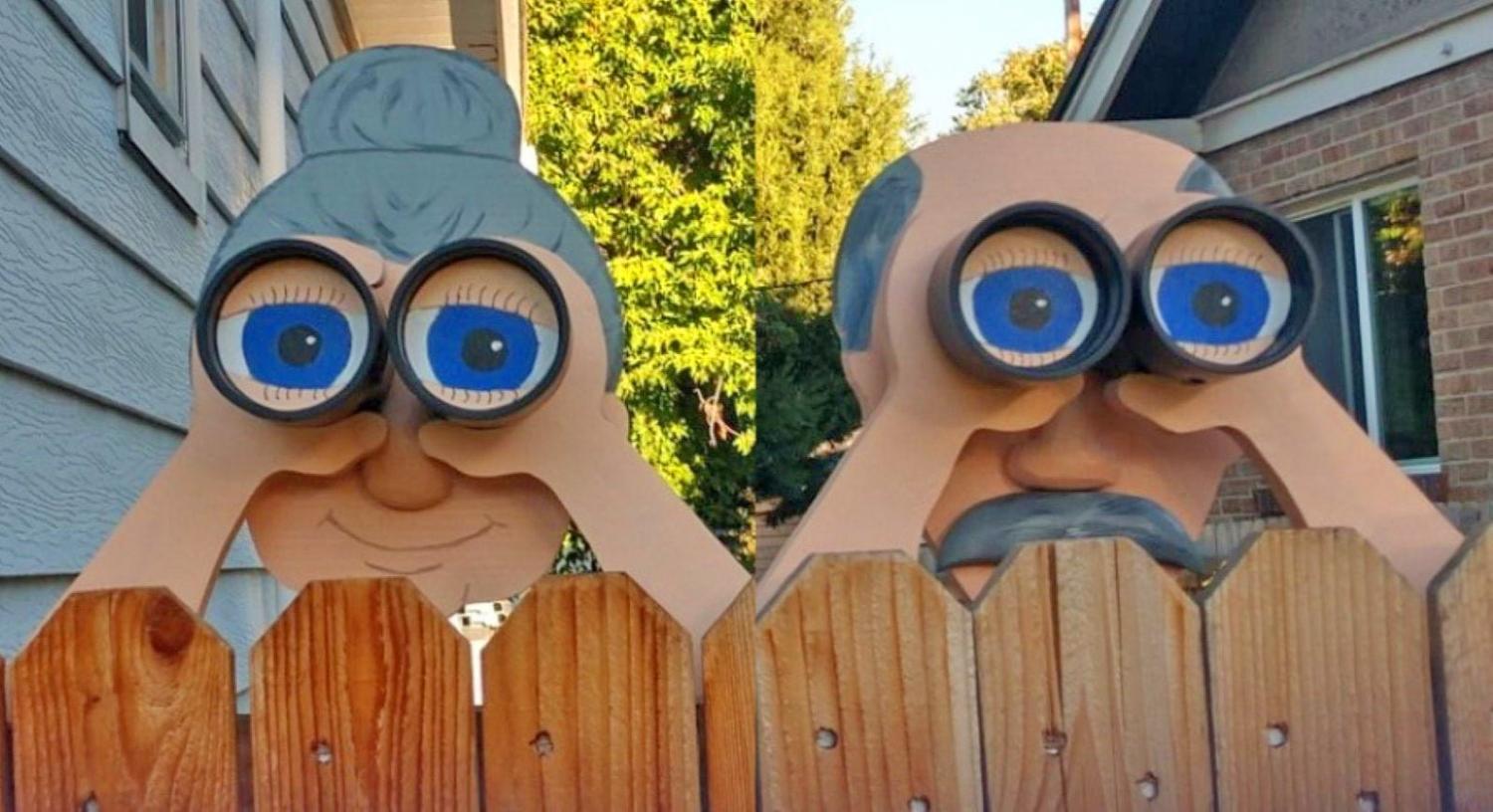 Eldery nosey neighbors with binoculars fence sitter decoration