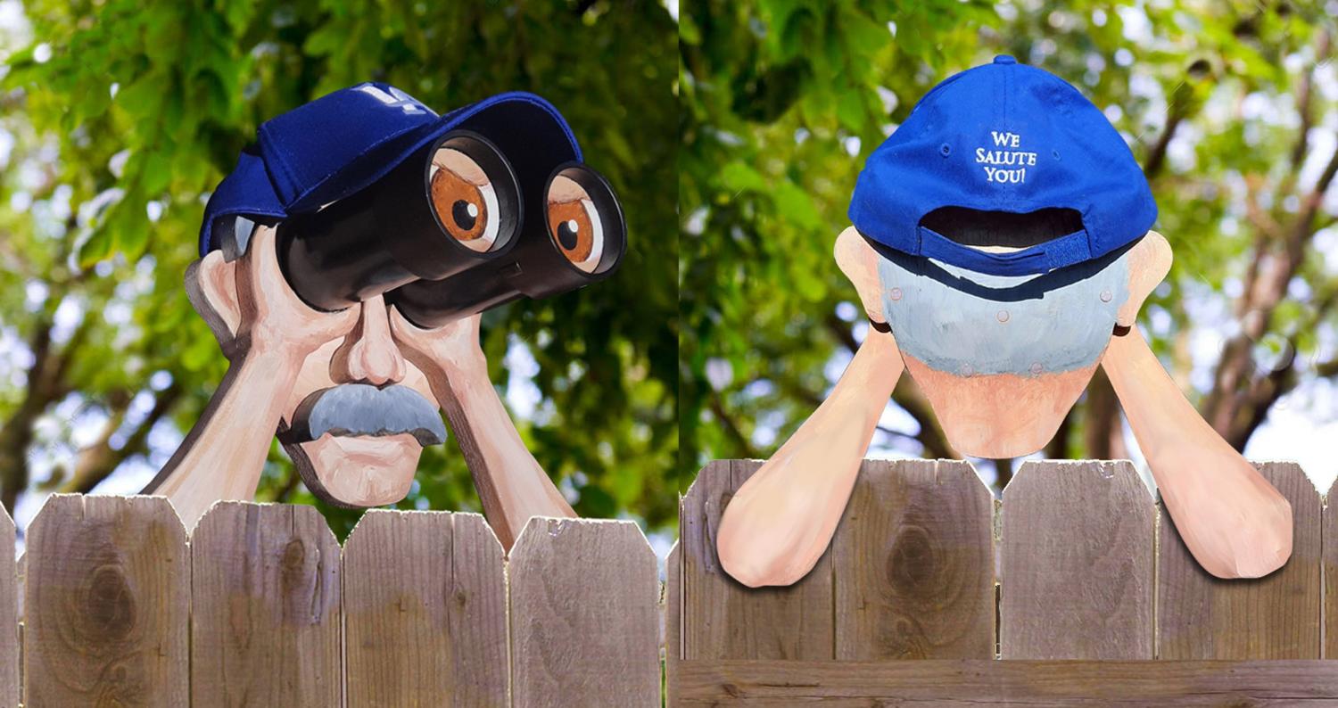 old nosy neighbor with binoculars fence sitter