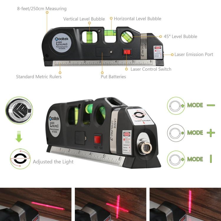 3 in 1 Laser Level w/ 8-Foot Measuring Tape & Triple-Positioned Leveling Bubble 