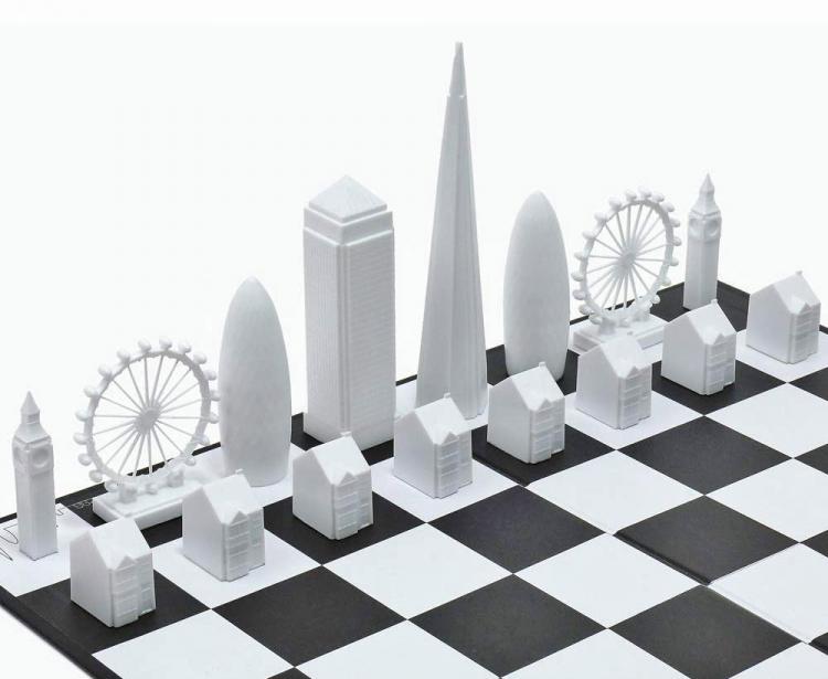 Skyscrapers surround chess pieces, born from Generative AIs