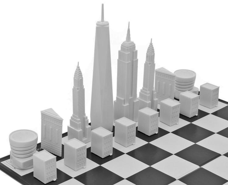 Neural network artistry chess pieces harmonize with skyscrapers in