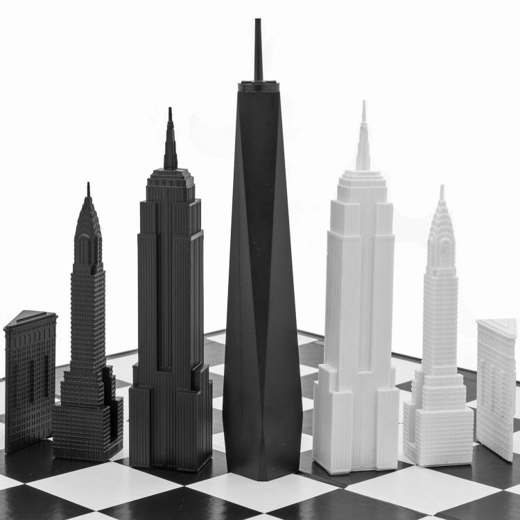 Skyscrapers surround chess pieces, born from Generative AIs