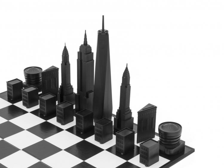 Neural network artistry chess pieces harmonize with skyscrapers in